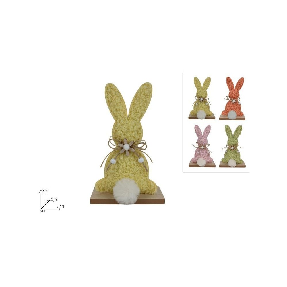 CONIGLIO 17 CM IN FELTRO C PELLICCIA C BASE LEGNO 4 COL